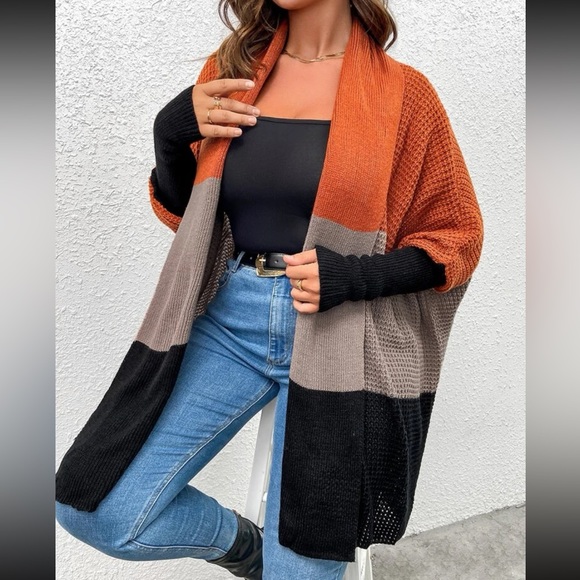 Plus Size Comfy Color block Batwing Open Front Shawl Sweater Cardigan - Picture 6 of 6